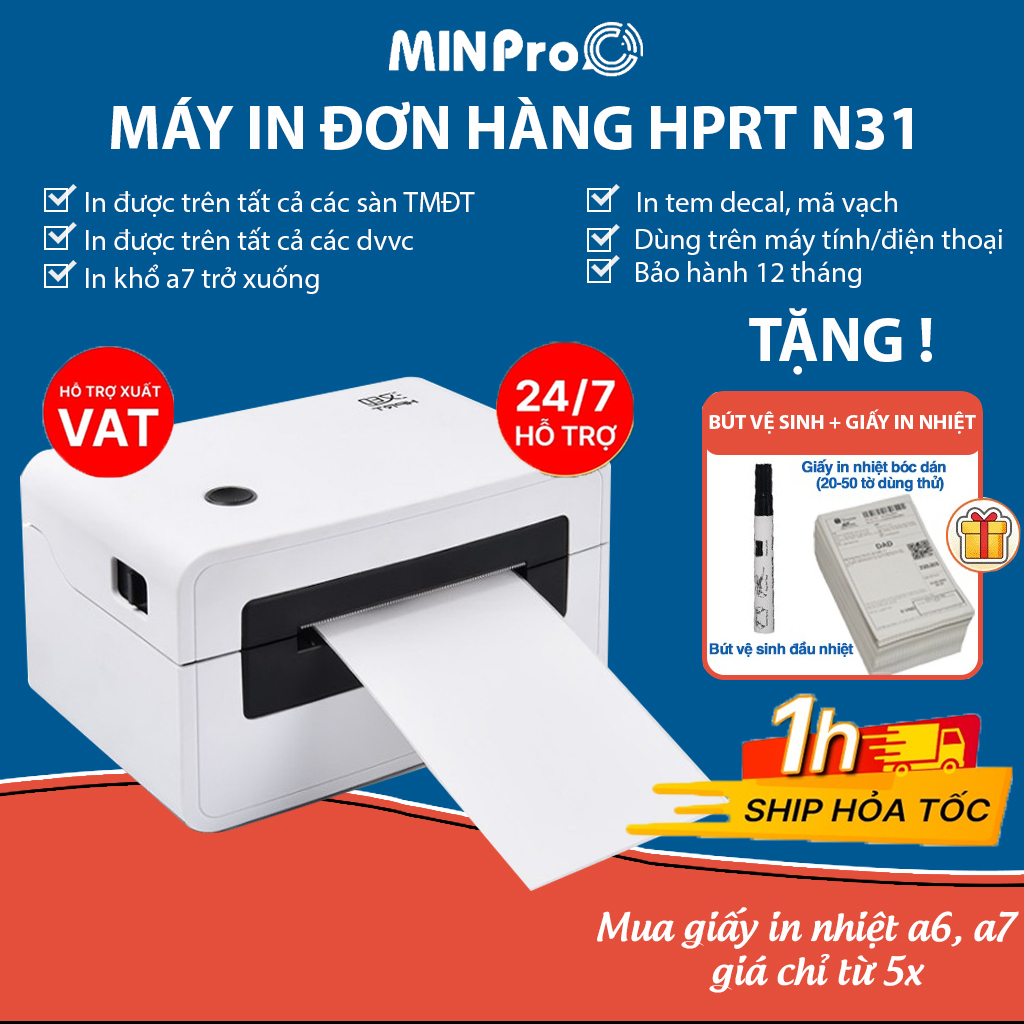 Máy in nhiệt mini HPRT N31 chuyên dụng in đơn hàng, in hóa đơn, in tem mã vạch rõ nét bảo hành 12 tháng