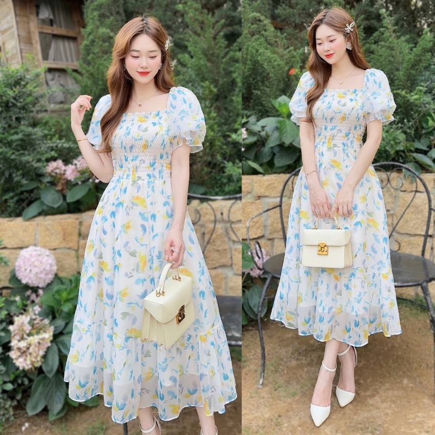 Váy voan hoa dự tiệc thiết kế tay bồng, chun eo, 2 lớp mềm mại, mát mẻ, Đầm hoa dáng xòe cao cấp - Hàng Thiết Kế