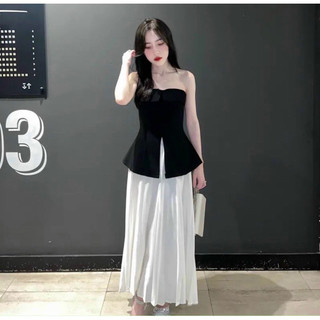 SET CHÂN VÁY XẾP LY+ ÁO CÚP ĐEN