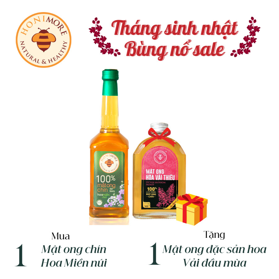 Mật ong nguyên chất Hoa Miền Núi Honimore 630g/chai tặng 1 chai mật ong Hoa Vải Thiều 360g/chai - tăng sức đề kháng