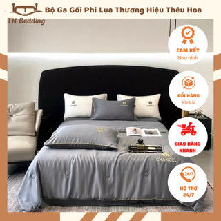 Bộ chăn ga gối phi lụa thêu hoa trà- chăn trần bông nhập khẩu bộ 4 món mềm mát -TN1