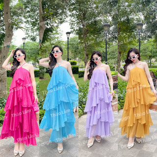 VÁY MAXI TẦNG DÁNG DÀI CỔ YẾM ĐAN DÂY LƯNG ( thời trang đi biển )