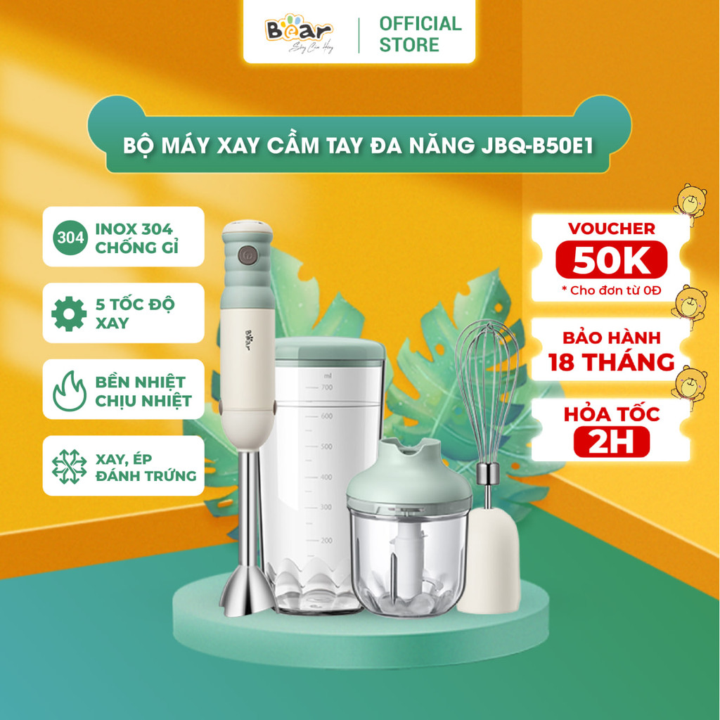 Bộ Máy Xay Bear Đa Năng Xay Ăn Dặm, Xay Cháo, Xay tỏi ớt, Đánh Trứng Cầm Tay Tiện Lợi - JBQ-B50E1