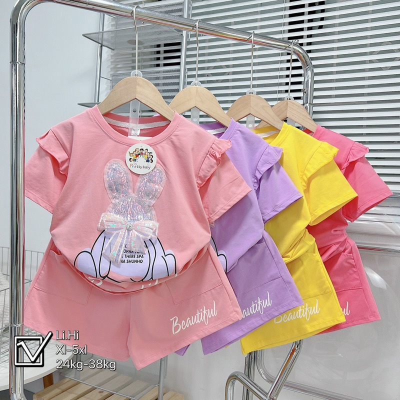 Bộ quần áo phông cộc thỏ nhũ nơ lấp lánh cho bé gái 20-30kg(xem bảng size trước khi đặt)