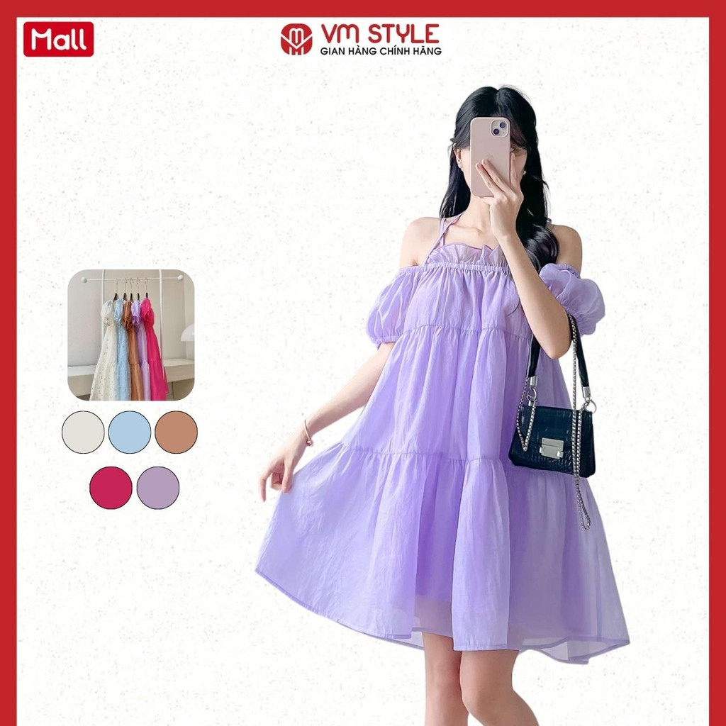 Đầm nữ VMSTYLE đi biển 2 dây trễ vai phồng thắt nơ dáng xòe babydoll nhiều màu thời trang mùa hè VM111 - VDU00414