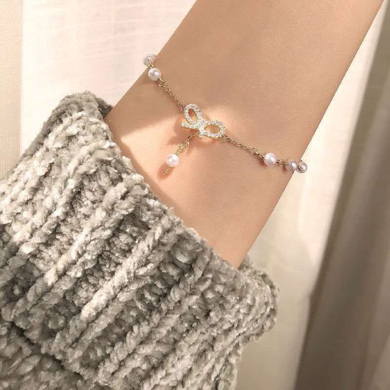 Vòng Đeo Tay Hợp Kim Phối Nơ Thiết Kế Đơn Giản Cho Nữ Sinh V24