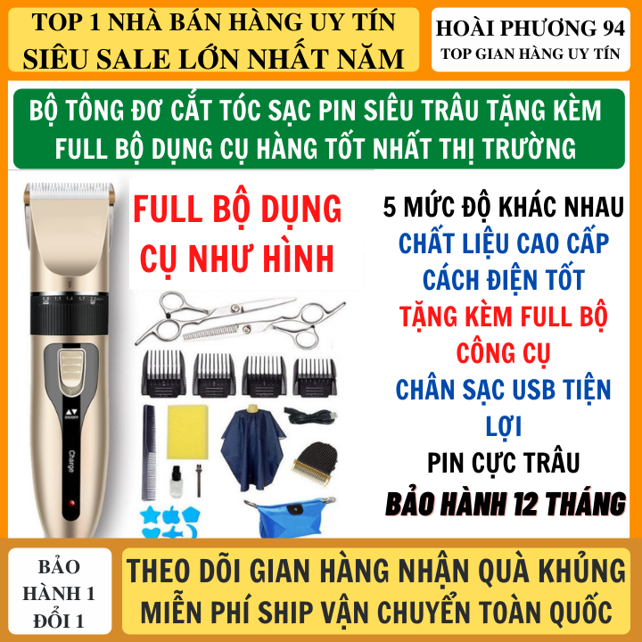 Tông Đơ Cắt Tóc Full Bộ 5 Mức Độ Tặng Kèm 1 Lược 2 Kéo Cắt Và 1 Áo Choàng, 4 Kích Cỡ Cắt Chất Liệu Cách Điện Tốt