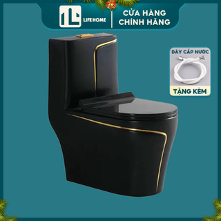 Bồn cầu liền khối màu đen viền vàng sang trọng cao cấp nắp êm phủ men nano siêu bền chống bám bẩn Life Home