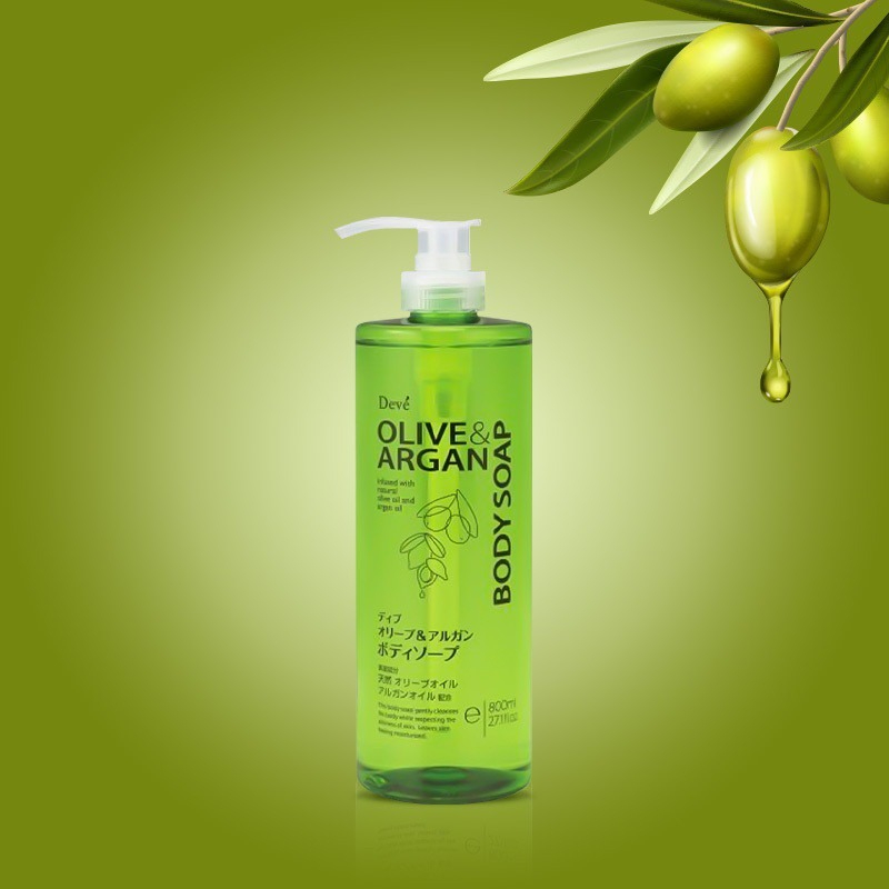 Sữa tắm dưỡng ẩm sáng da Kumano Deve chiết xuất dầu Olive & Argan 800ml Nội địa Nhật Bản