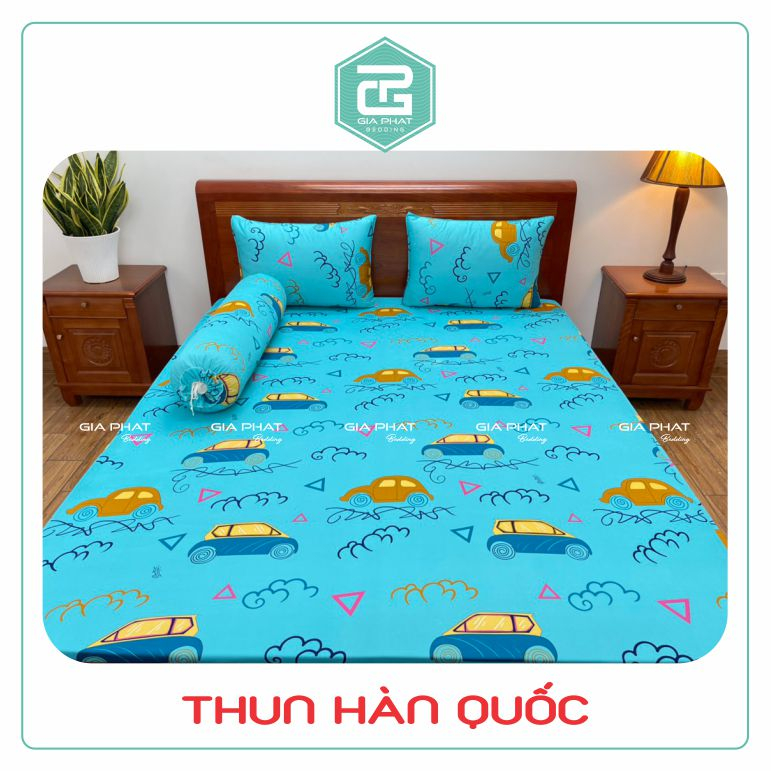 Bộ Ga Gối Thun Lạnh Hàn Quốc { 4 Món } họa tiết Xe ( 1 ga bọc + 2 vỏ gối nằm + 1 vỏ gối ôm )
