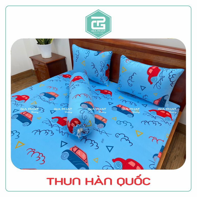 Bộ Ga Gối Thun Lạnh Hàn Quốc { 4 Món } họa tiết Xe ( 1 ga bọc + 2 vỏ gối nằm + 1 vỏ gối ôm )