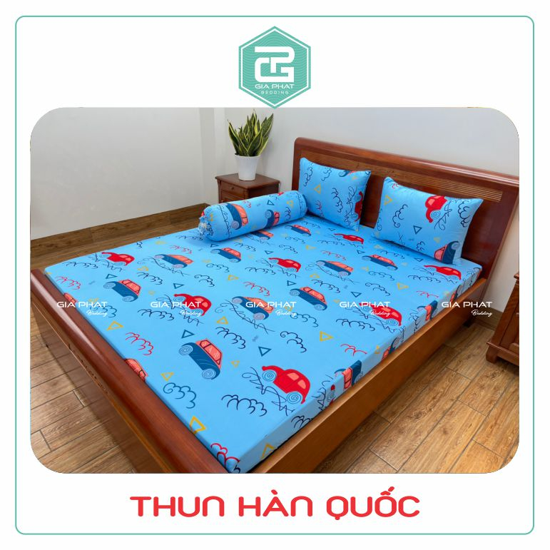 Bộ Ga Gối Thun Lạnh Hàn Quốc { 4 Món } họa tiết Xe ( 1 ga bọc + 2 vỏ gối nằm + 1 vỏ gối ôm )