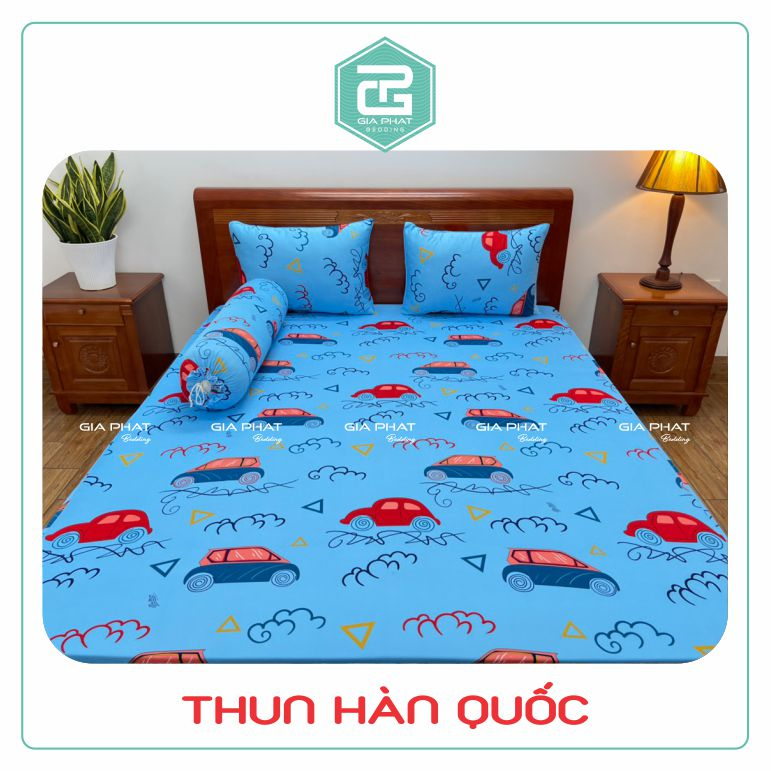 Bộ Ga Gối Thun Lạnh Hàn Quốc { 4 Món } họa tiết Xe ( 1 ga bọc + 2 vỏ gối nằm + 1 vỏ gối ôm )