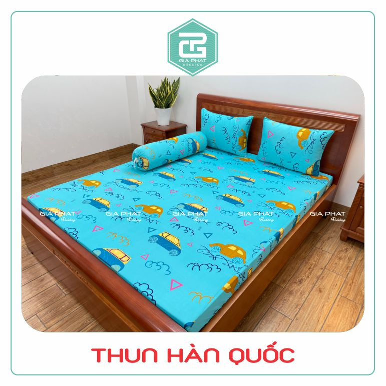 Bộ Ga Gối Thun Lạnh Hàn Quốc { 4 Món } họa tiết Xe ( 1 ga bọc + 2 vỏ gối nằm + 1 vỏ gối ôm )