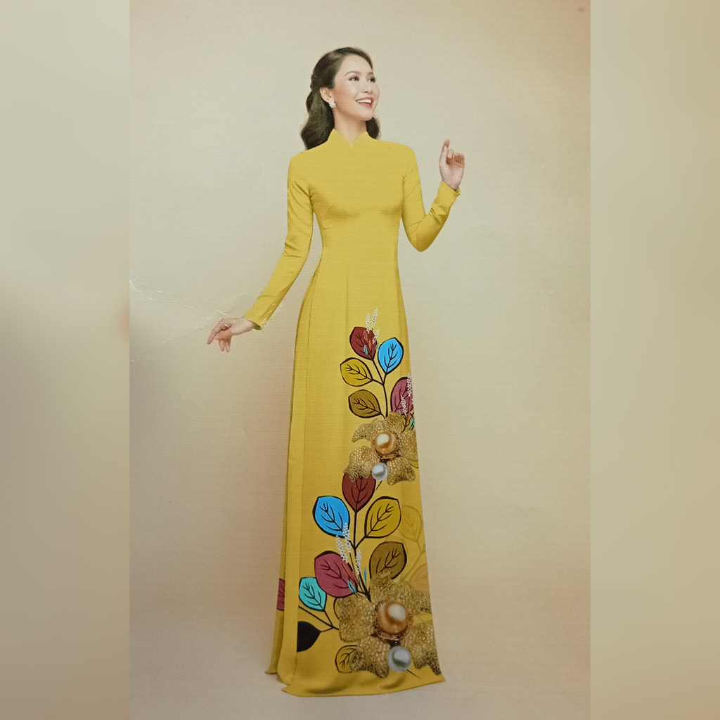 Cuộn vải tằm ý in 3D may áo dài cao cấp hoạ tiết hoa kim tuyến ngọc trai màu vàng 3m1