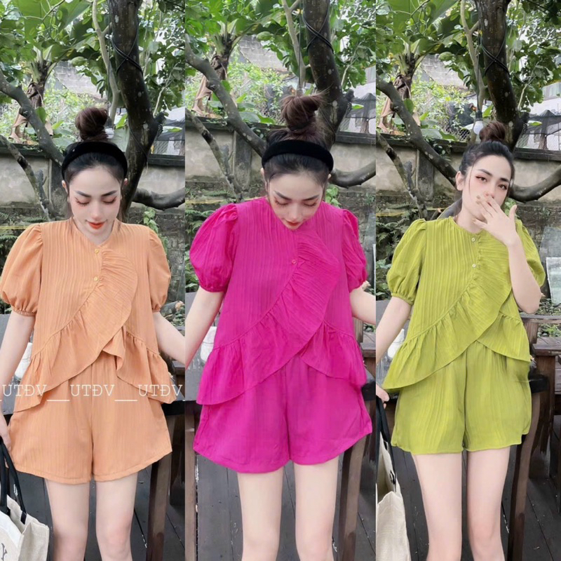 Set Dọc Dừa Bộ Áo Tay Phồng Bèo Chéo + Quần Short Đùi