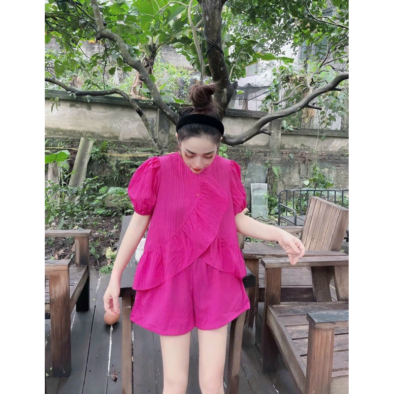 Set Dọc Dừa Bộ Áo Tay Phồng Bèo Chéo + Quần Short Đùi