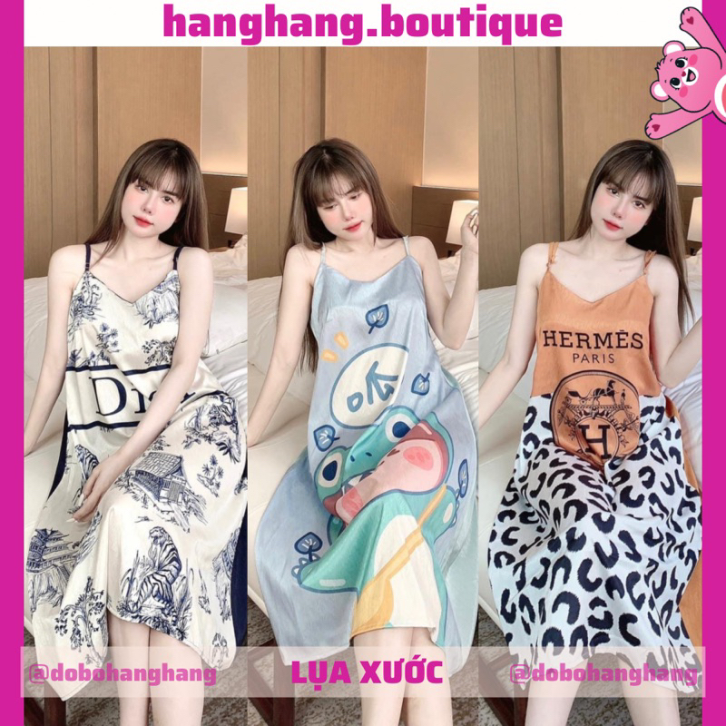 Váy đầm ngủ 2 dây dễ thương, đồ ngủ lụa xước dáng rộng, đầm ngủ mặc nhà giá rẻ, đồ ngủ nữ cute gấu dâu trend mới