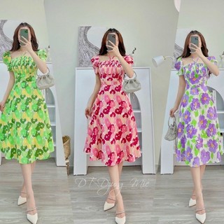 Váy xòe hoa xếp ly ngực cổ yếm