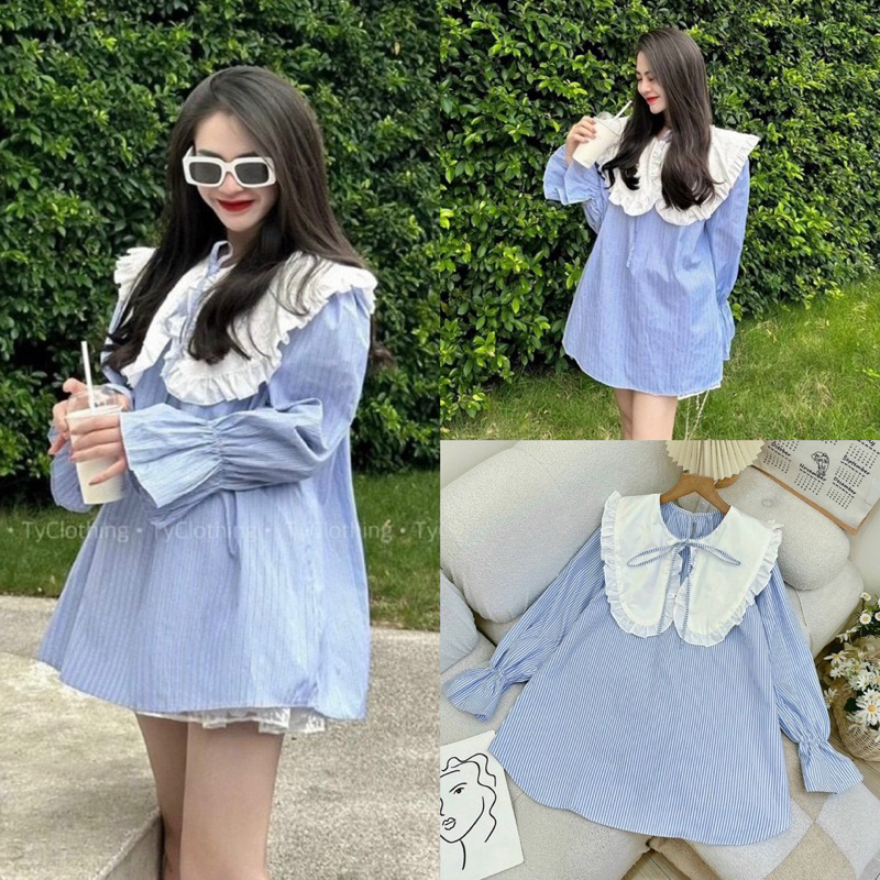 SƠMI SỌC XANH OVERSIZE CỔ BÈO TRẮNG BO TAY
