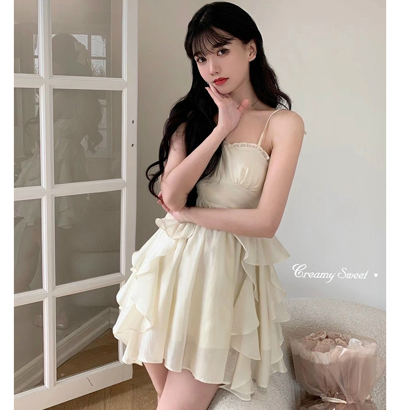 Set Đầm 2 Dây  Dáng Xoè Thiết Kế Phối Bèo Mix Áo Khoác Gân Cao Cấp