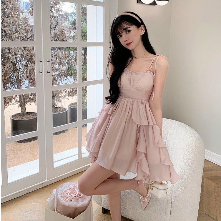 Set Đầm 2 Dây  Dáng Xoè Thiết Kế Phối Bèo Mix Áo Khoác Gân Cao Cấp