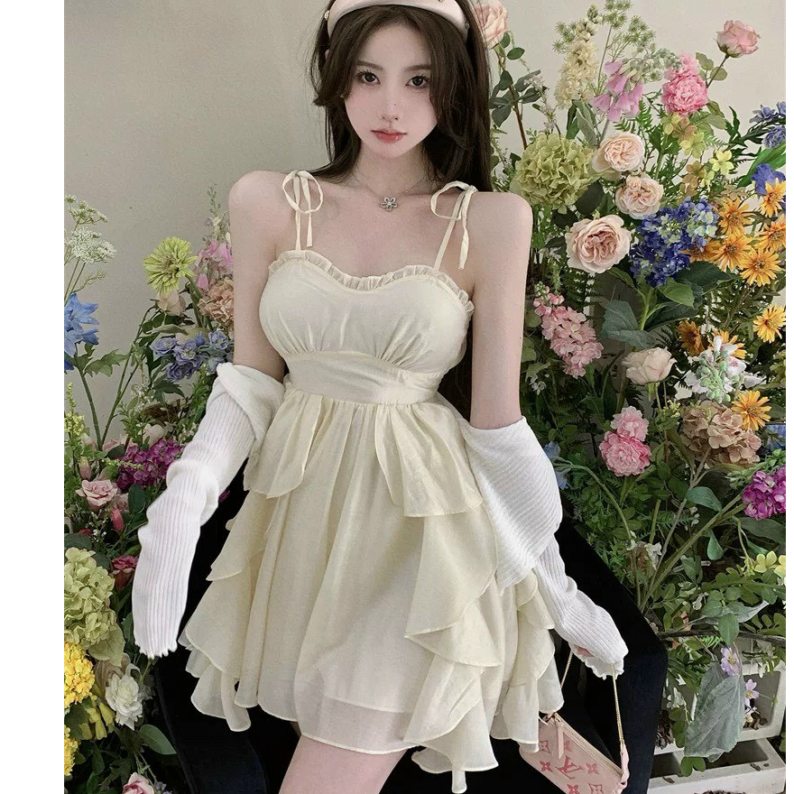 Set Đầm 2 Dây  Dáng Xoè Thiết Kế Phối Bèo Mix Áo Khoác Gân Cao Cấp