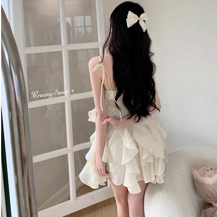 Set Đầm 2 Dây  Dáng Xoè Thiết Kế Phối Bèo Mix Áo Khoác Gân Cao Cấp