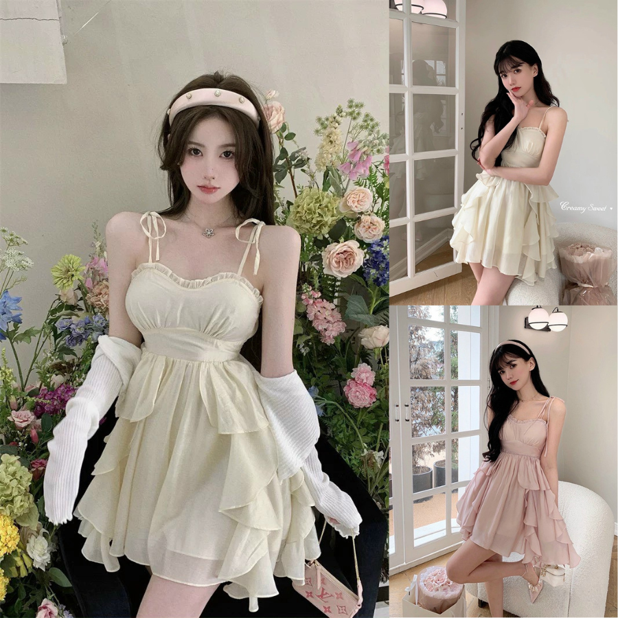 Set Đầm 2 Dây  Dáng Xoè Thiết Kế Phối Bèo Mix Áo Khoác Gân Cao Cấp