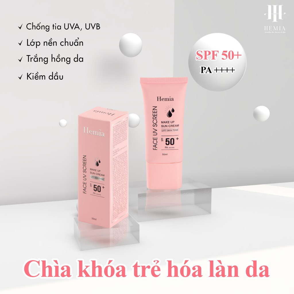 Kem chống nắng Hemia 50ml chính hãng tác dụng dưỡng trắng nâng tone SPF50+ thấm mướt nhanh, mịn màng