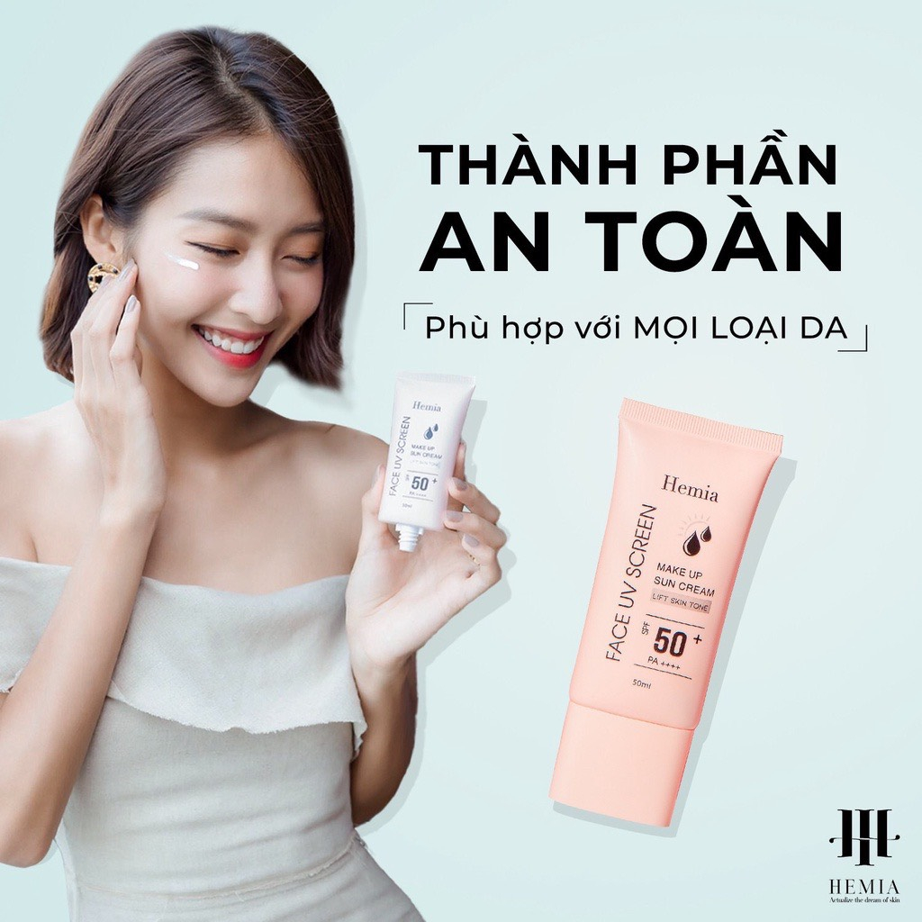 Kem chống nắng Hemia chính hãng tác dụng dưỡng trắng nâng tone SPF50+ thấm mướt nhanh 50ml