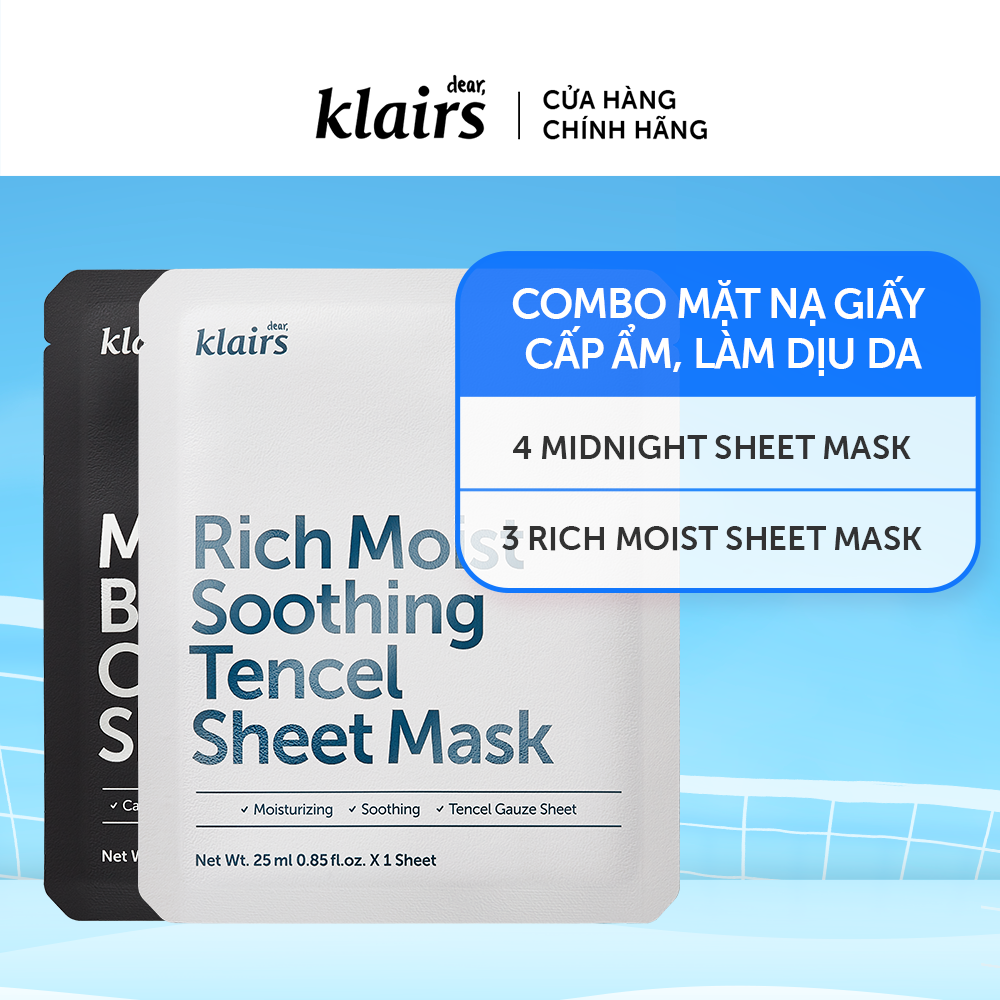 Combo 4 Dear, Klairs Midnight Blue Calming Sheet Mask 25ml+3 Rich Moist Soothing Tencel Sheet Mask 25ml