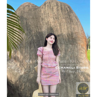 Set kẻ hồng khuy bọc chạy chun lưng KH