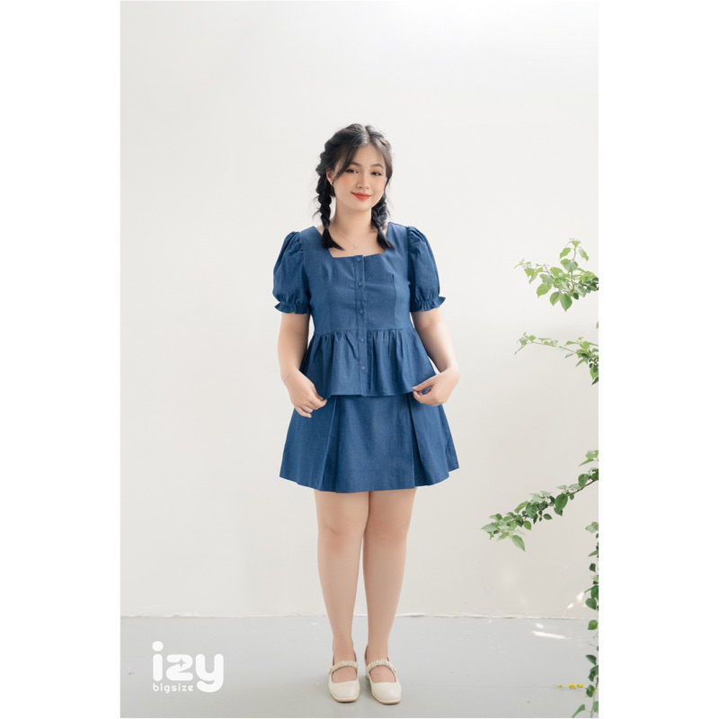 ÁO PEPLUM BIGSIZE TAY BỒNG JEANS MỀM - 23A10 - IZYBYNHI