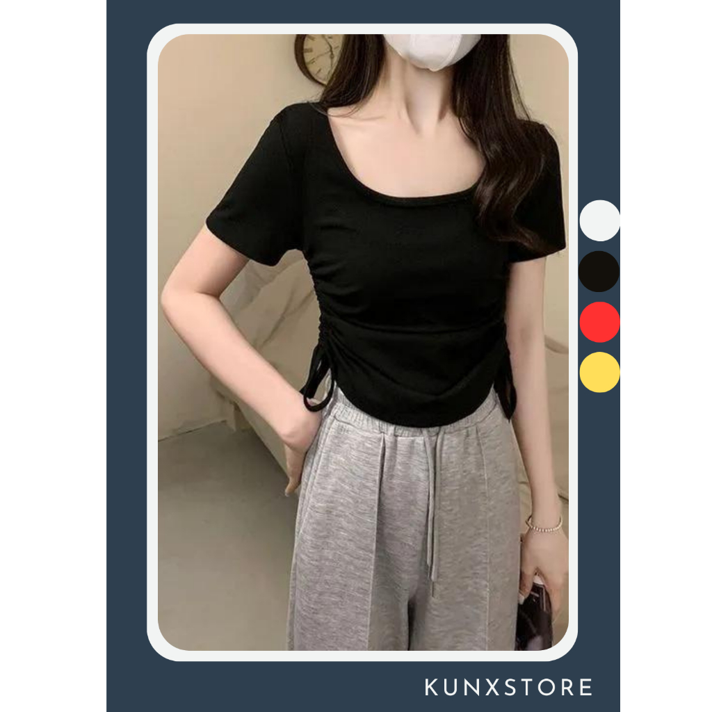 Áo croptop cổ chữ U tay ngắn rút dây nơ 2 bên thung cotton giản 4 chiều 4 màu đen, trắng, vàng, đỏ.
