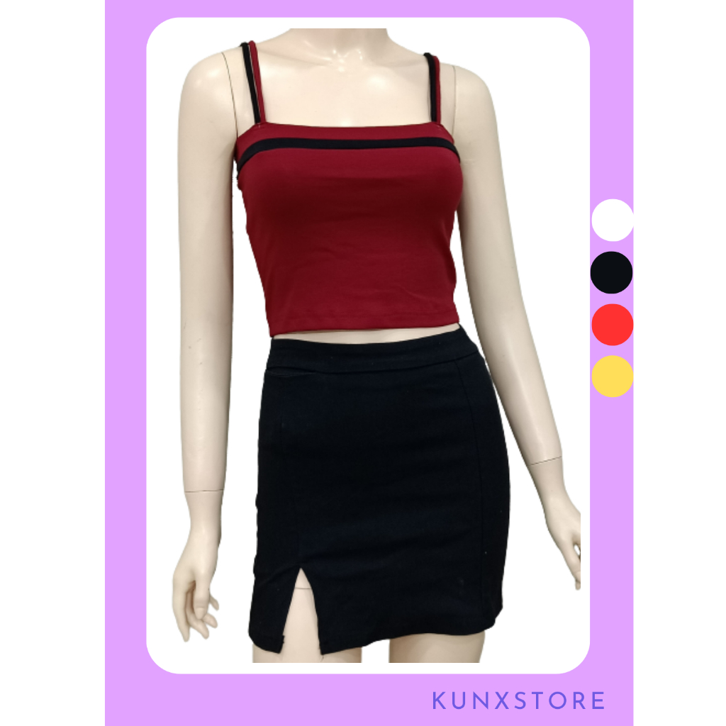 Áo 2 dây đôi óng bo ngang ngực crop top thun giản 4 chiều 4 màu đen, trắng, vàng, đỏ.