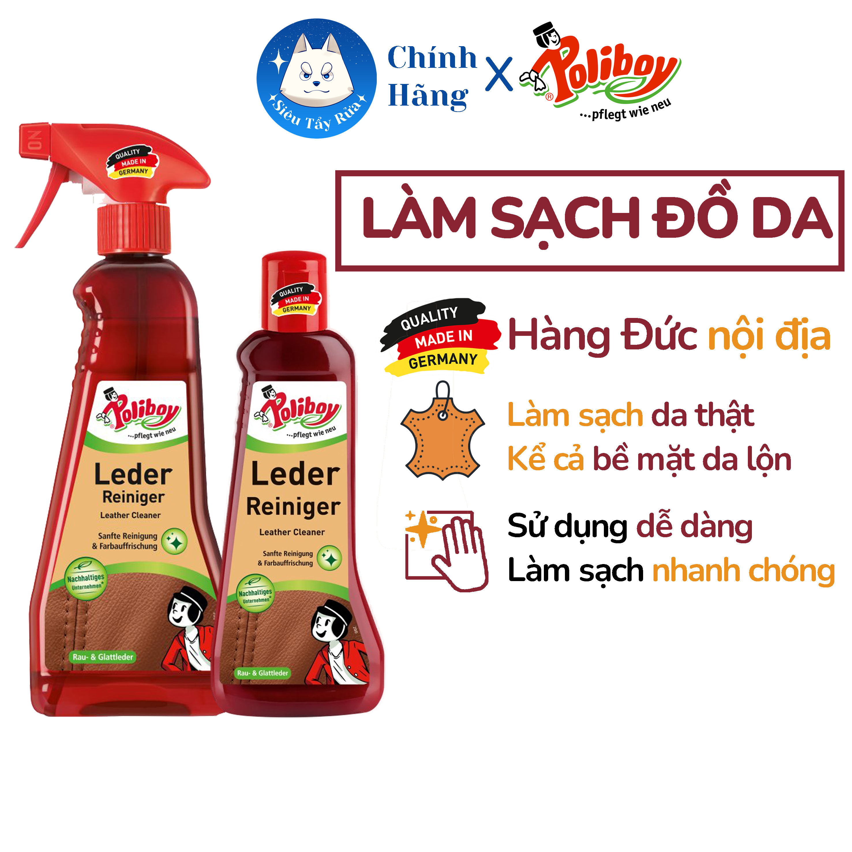 Vệ Sinh Đồ Da POLIBOY Vệ Sinh Giày Da, Túi Da, Làm Mới Ghế Da Ô Tô, Sofa Da 200ml