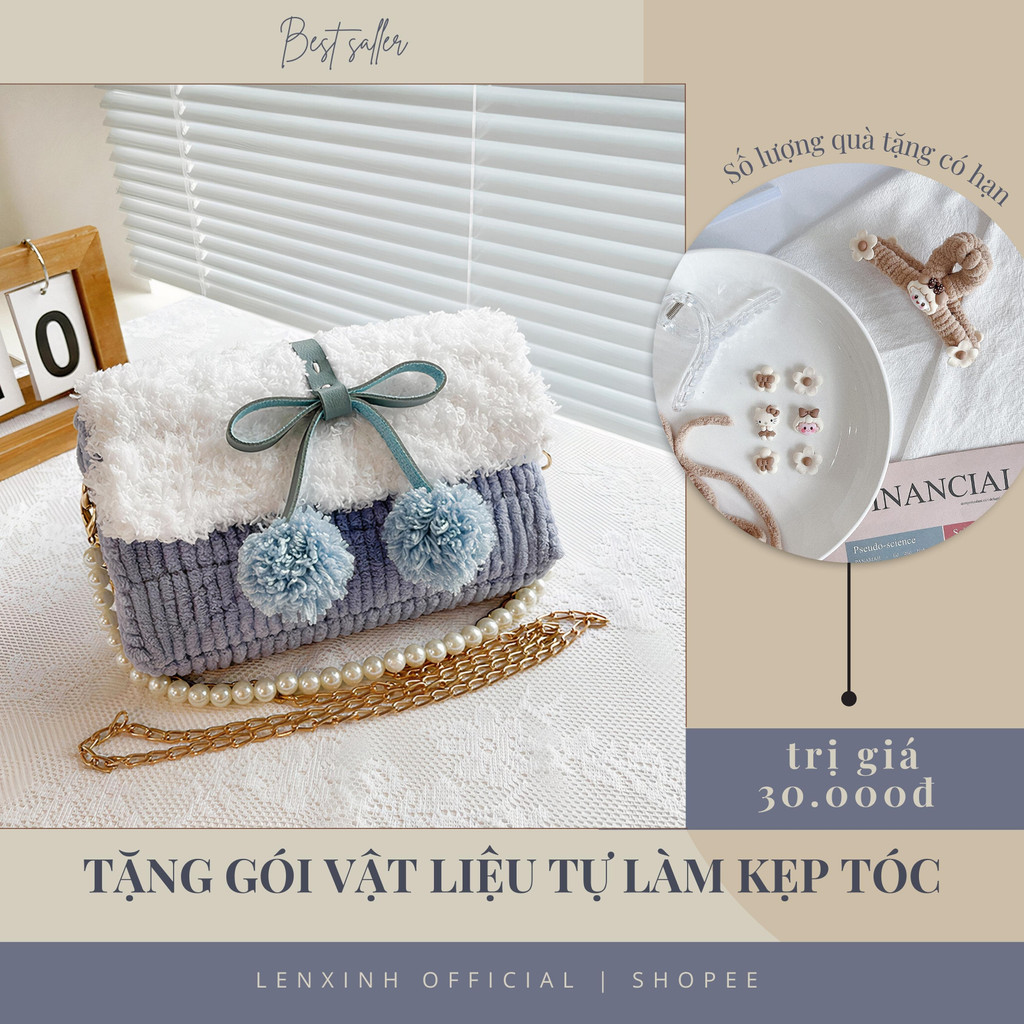 Túi handmade tự đan, túi đeo chéo pom pom thời trang Hàn Quốc - Bộ phụ kiện đầy đủ LX801 | BigBuy360 - bigbuy360.vn