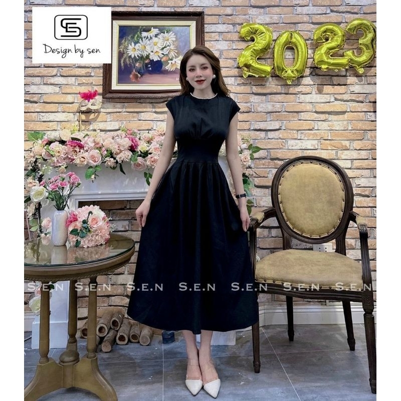 Đầm midi xoè chiết eo cổ viền đi tiệc