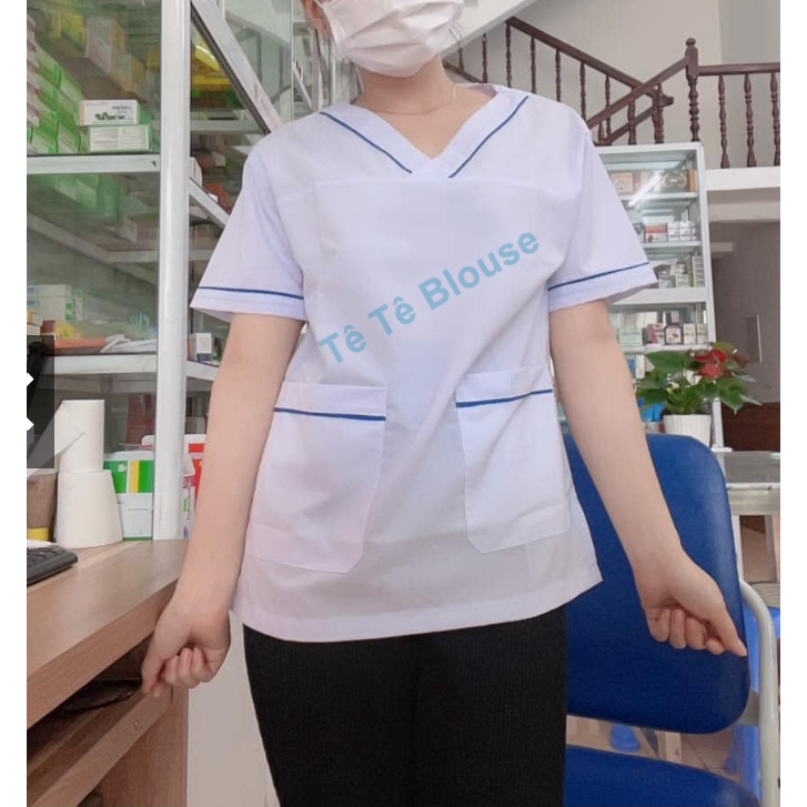 Bộ blouse cổ tim viền XANH DƯƠNG nam nữ cộc tay - bộ scrubs kỹ thuật viên cho điều dưỡng, dược sỹ, y tá, bác sĩ .