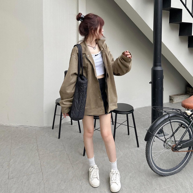 Áo Jacket Zip DAHI có nút bấm vải DA LỘN màu ĐEN/NÂU/RÊU  Nam nữ unisex/Áo khoác dây kéo cổ bẻ form rộng Jaystoree