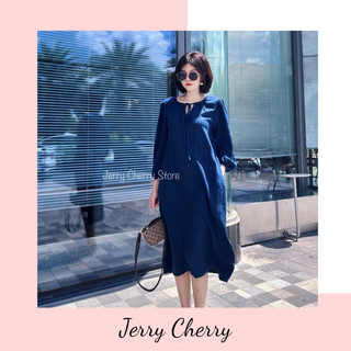 Đầm linen tay dài phom suông kèm dây thắt eo
