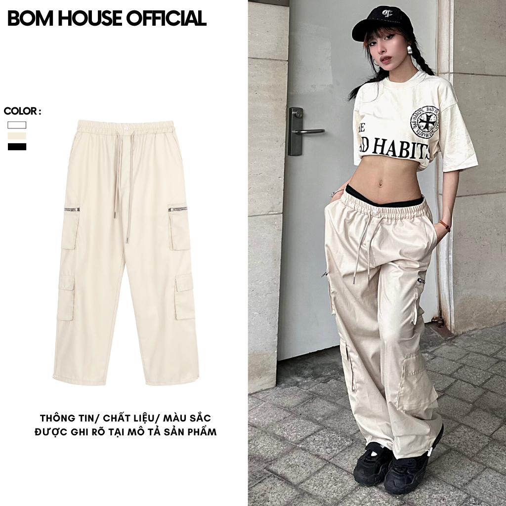 Quần Dài Kaki Ống Rộng Túi Hộp Cạp Cao Lưng Chun Bo Chân Phối Dây Rút Trendy Nam Nữ Unisex
