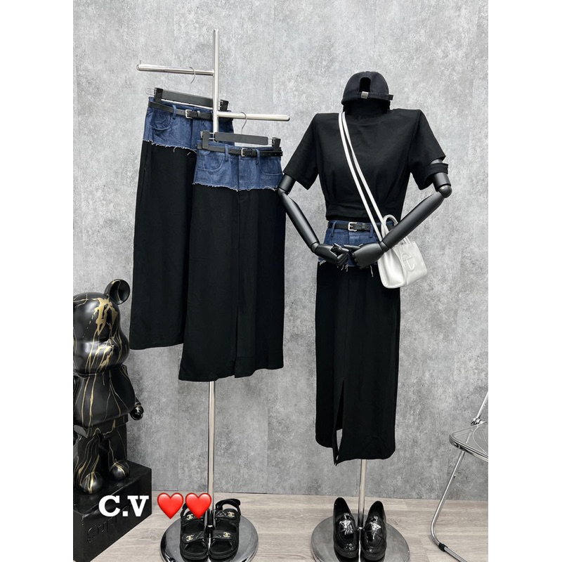 Set Áo Đen Mix Chân Váy Bò Cạp Jean Kèm Đai - Hàng Loại 1