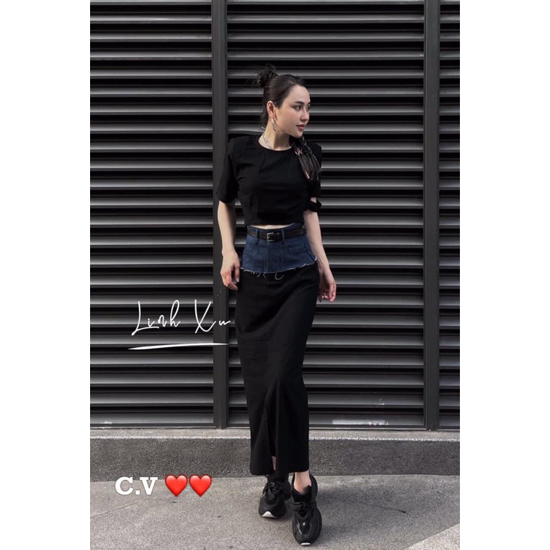 Set Áo Đen Mix Chân Váy Bò Cạp Jean Kèm Đai - Hàng Loại 1