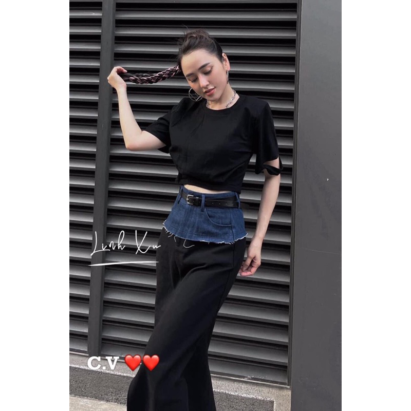 Set Áo Đen Mix Chân Váy Bò Cạp Jean Kèm Đai - Hàng Loại 1