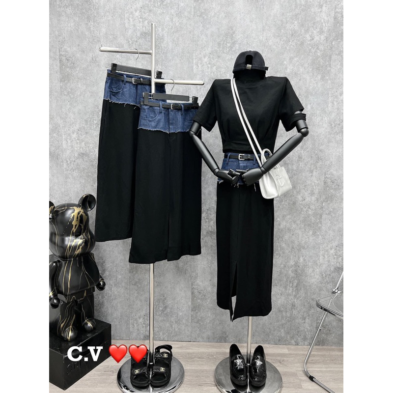 Set Áo Đen Mix Chân Váy Bò Cạp Jean Kèm Đai - Hàng Loại 1