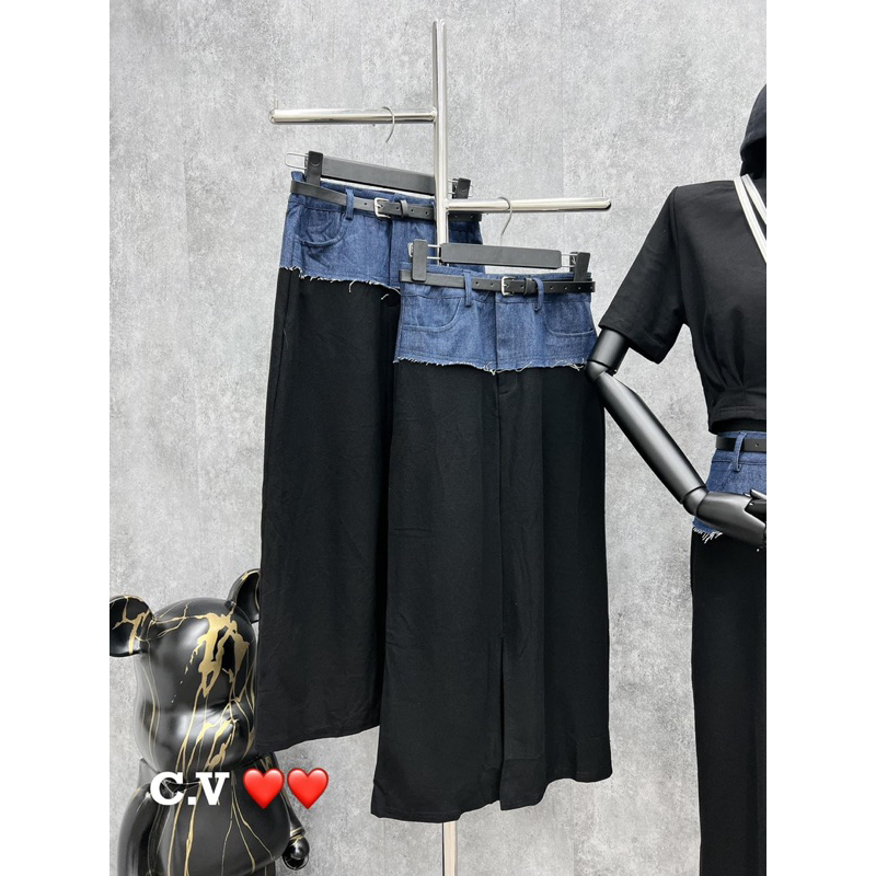 Set Áo Đen Mix Chân Váy Bò Cạp Jean Kèm Đai - Hàng Loại 1