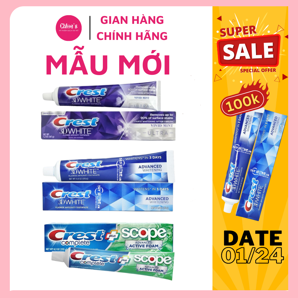 Kem đánh răng crest 3D white advanced whitening trắng răng ultra vivid mint scope mỹ chính hãng ngừa sâu răng date 2024