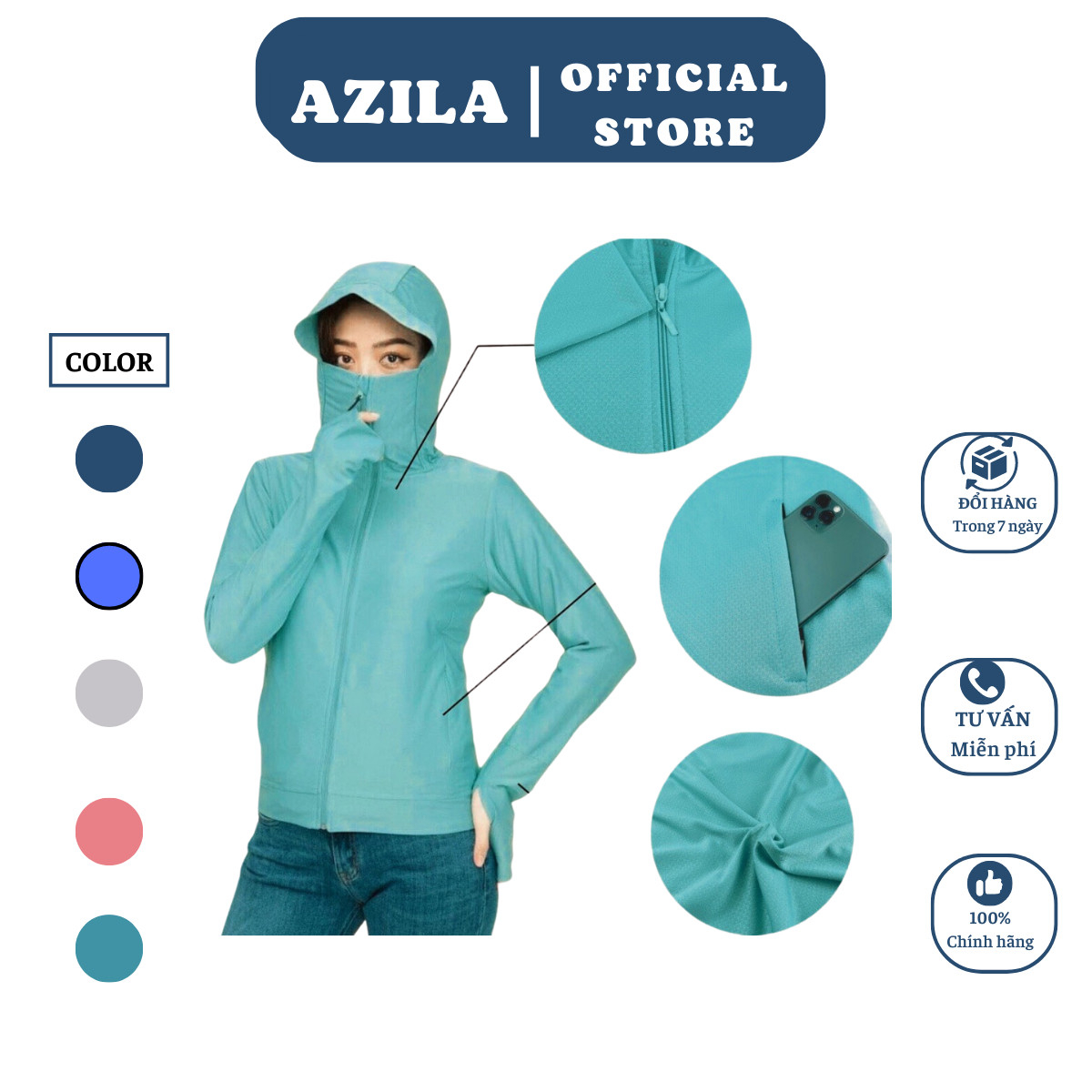 Áo Chống Nắng Nữ 2 Lớp Azilz Chất Liệu Vải Thông Hơi Chống Tia UV Chùm Kín Mặt Kèm Vành Mũ Lưỡi Trai Chống Nắng
